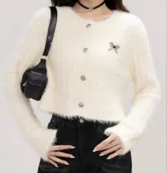 アイボリー リブ編み クロップドセーター