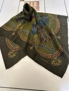 3331LANCEL 刺繍入りオリーブグリーン大判ストールショール