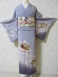 訪問着：美品：梅と扇面と平安貴族と波～グレー袷正絹：作家「宇峯」S-31のサムネイル