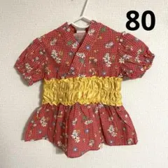 ベビー バースデー 浴衣 甚平 ロンパース 赤 帯付き 花柄 ドット柄