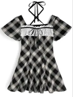 GRL チェック柄フリルクロスネックフレアミニワンピース[tu2055] M