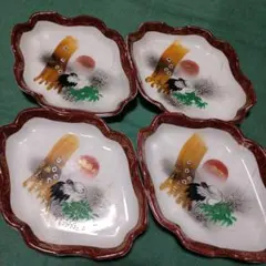 レトロ　金彩色絵　菱形皿　吉祥鶴　4枚