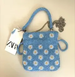 新品　ZARA 花柄ビーズバッグ ブルー