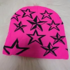 ニット帽 ビーニー ピンク 星 スター Y2K ギャル 防寒 ビビッド スノボ