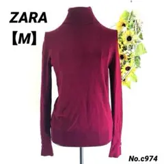 ザラ　ZARA 薄手長袖ニット　M ワインレッド　袖ゴールドボタンタートルネック