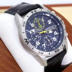 稼働 SEIKO 腕時計 クロノグラフ ブルー デイト レザー メンズ 2732