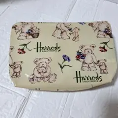 Harrods ハロッズ テディベア柄 ポーチベージュ花柄 ビニールコーティング