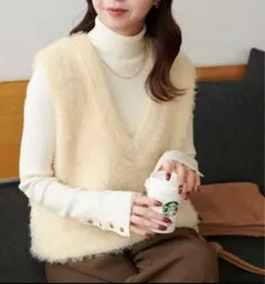 新品　discoat 前後2WAYフェザーヤーンショートベスト アイボリー