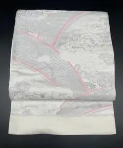 高級　洒落帯　袋帯　♢ ポリエステル　青海波　花柄　R381