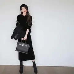 黒セットアップ レディース ニットトップス＋ロングスカート 上下セット