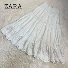 ZARA ザラ 刺繍入り ホワイト ロングスカート フレア ウエストゴム