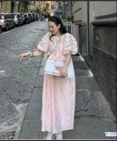 ANDRESD バブルスリーブジャガードドレス Mサイズ ピンク