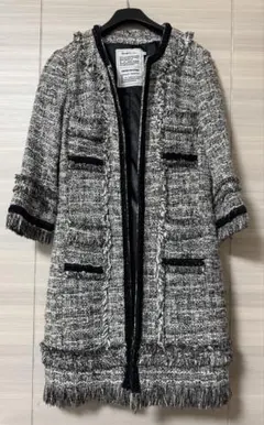 ツイードジャケット ノーカラー 七分袖 フリンジデザイン