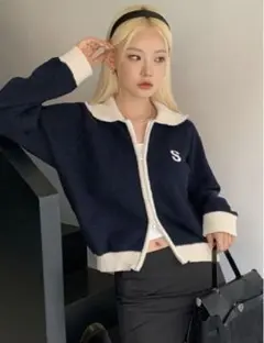 DAZY 刺繍入り コントラストトリム ラグランスリーブ カーディガン