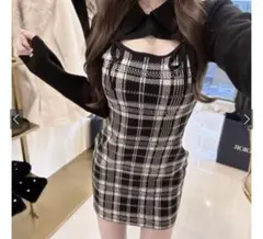 チェック柄フロントオープンリボンニットミニワンピース[ru1373]