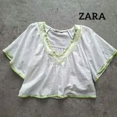 ZARA 半袖 チュニック ホワイト グリーン コットン100%