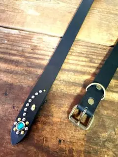 フラワーターコイズ□本革レザーフルスタッズナローベルト☆古着