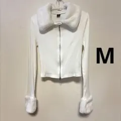 美品 SHEIN ホワイトファーカーディガン 着丈42 リプ編み M 襟袖ファー
