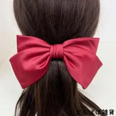 大きめ厚手サテン　レッドリボンパール付き　バレッタ　ヘアピン　上品可愛いお洒落