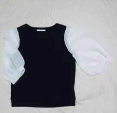 ブラウス　トップス　シースルー　シアー　カットソー　五分袖　紺色　ネイビー