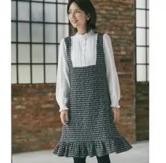 tocco closet パール釦プチフリルネックツイードドッキングワンピース