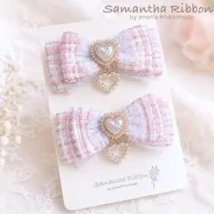 ❤︎ツイードピンクのリボン❤︎量産型　パールハート　ヘアクリップ　ヘアゴム 地雷系
