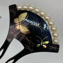 010503 樹脂　結婚式　鼈甲黒甲風　螺鈿金蒔絵　蝶　パール　バチ　かんざし