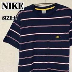 NIKE Tシャツ ボーダー ワンポイントロゴ刺繍 半袖 即完売 ネイビー Lのサムネイル