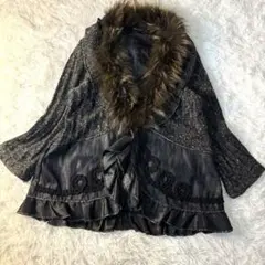 ラクーンファー襟 異素材ジャケット 黒系 XL フリル