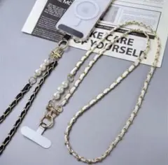 スマホストラップ　ホワイト　ゴールドチェーン　パールスマホショルダーストラップ