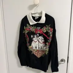 ねこ スウェット used 古着 襟付き 黒