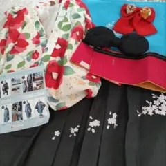 キャサリンコテージ 袴 150　赤　椿　髪飾り付き　椿ベーシュ黒袴