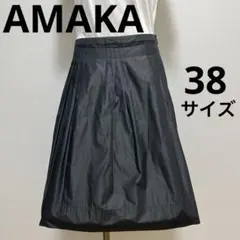 アマカ　ブラック フレアスカート プリーツ入り ひざ丈美品Mのサムネイル