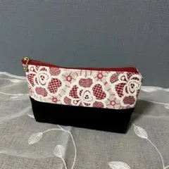 赤い花柄　黒無地切り替えポーチ
