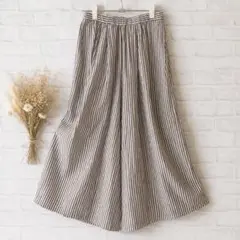 Samansa Mos2 ★☆ワイドパンツリネン混 ストライプ ガウチョ 麻 F
