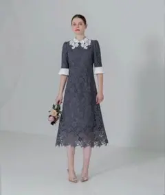 【LEJA】花柄レースカラースパンコール刺繍Aラインフレアドレス グレー　S