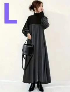 お洒落❣️G タートルネックプリーツロングワンピース 黒 L おすすめ✨