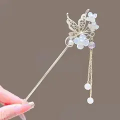 9　蝶々 パール 花 かんざし 髪飾り 和装小物 ヘアアクセサリー