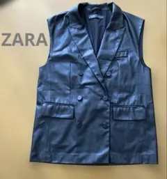 【ZARA】ザラ フェイクレザー ダブルブレスト ジレ ベスト USA/M 黒