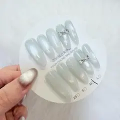 アイスブルー シルバー マグネット リボン 清楚 ワンホン 韓国 ネイルチップM