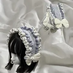 【 現品限り 】 編み物 かぎ針編み ヘッドドレス フリル リボン パープル 白