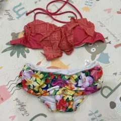 バンドゥビキニ　オレンジ フリルブラ 花柄ボトム 水着