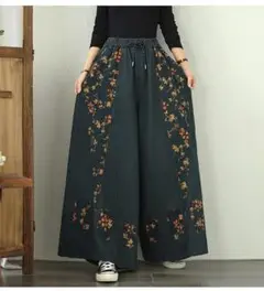 人気新作 デニム 大きいサイズ ワイドパンツ おしゃれ度高めプリント 着痩せ