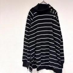 J.CREW ボタン付きハイネック長袖セーター 【M】黒/白　ボーダー　海外古着