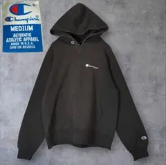 90s USA製 Champion 墨黒 パーカー M相当 刺繍ロゴ フェード