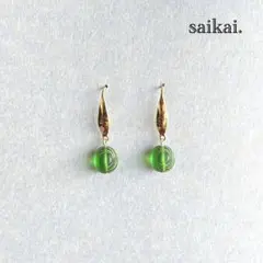 [1050]一粒チェコガラスのシンプルピアス グリーン ゴールド ステンレス