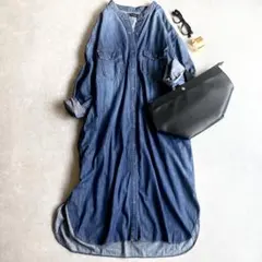 美品 アーバンリサーチ バンドカラーデニムシャツワンピース 長袖 スナップボタン