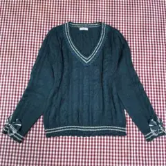axesfemmアクシーズ ダークグリーン Vネック セーター 長袖 リボン