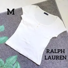 ラルフローレン ヘンリーネックフレンチスリーブリブTシャツ 日本製 タイト 白M