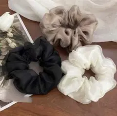 シュシュ ヘアゴム ブラック ブラウン ホワイト 3点セット